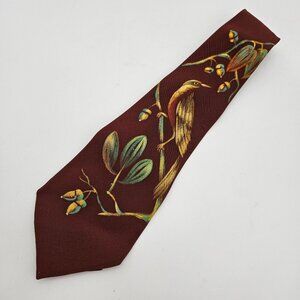 Vintage Hollyvogue Handpainted Bird on Branch Acorns Leaves Tie 47"L 4"W